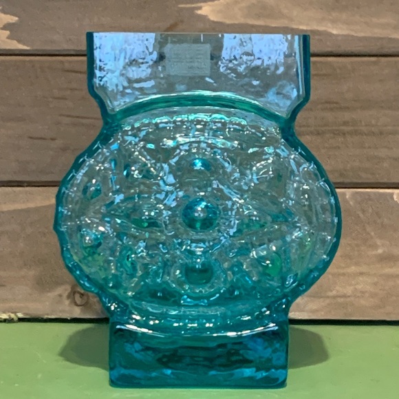 Sea Glasbruk Kosta Sweden Blue Texturized Blue Teal Wavy Art Glass Vase MCM - Picture 3 of 10